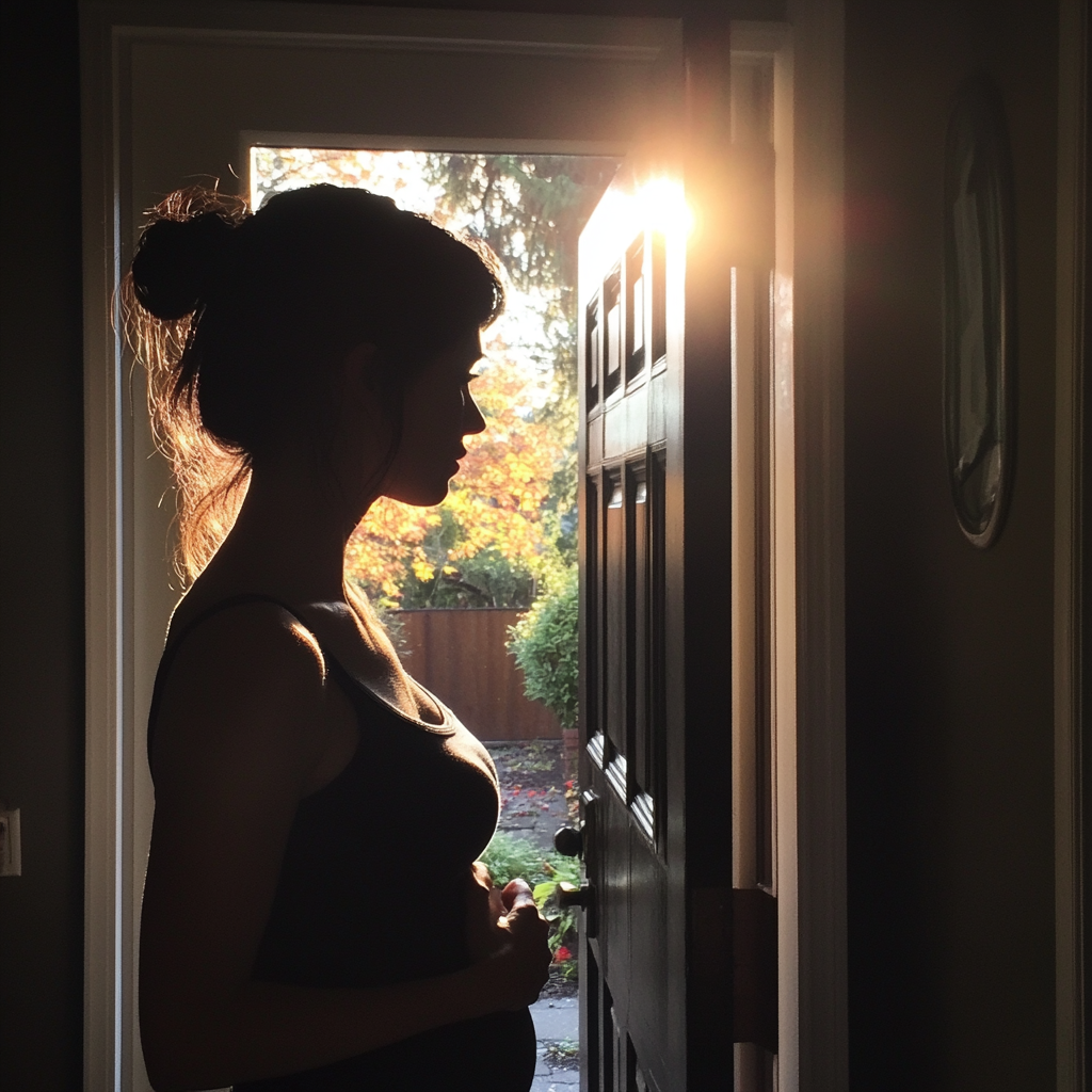 A woman after giving birth standing in a doorway | Source: Midjourney