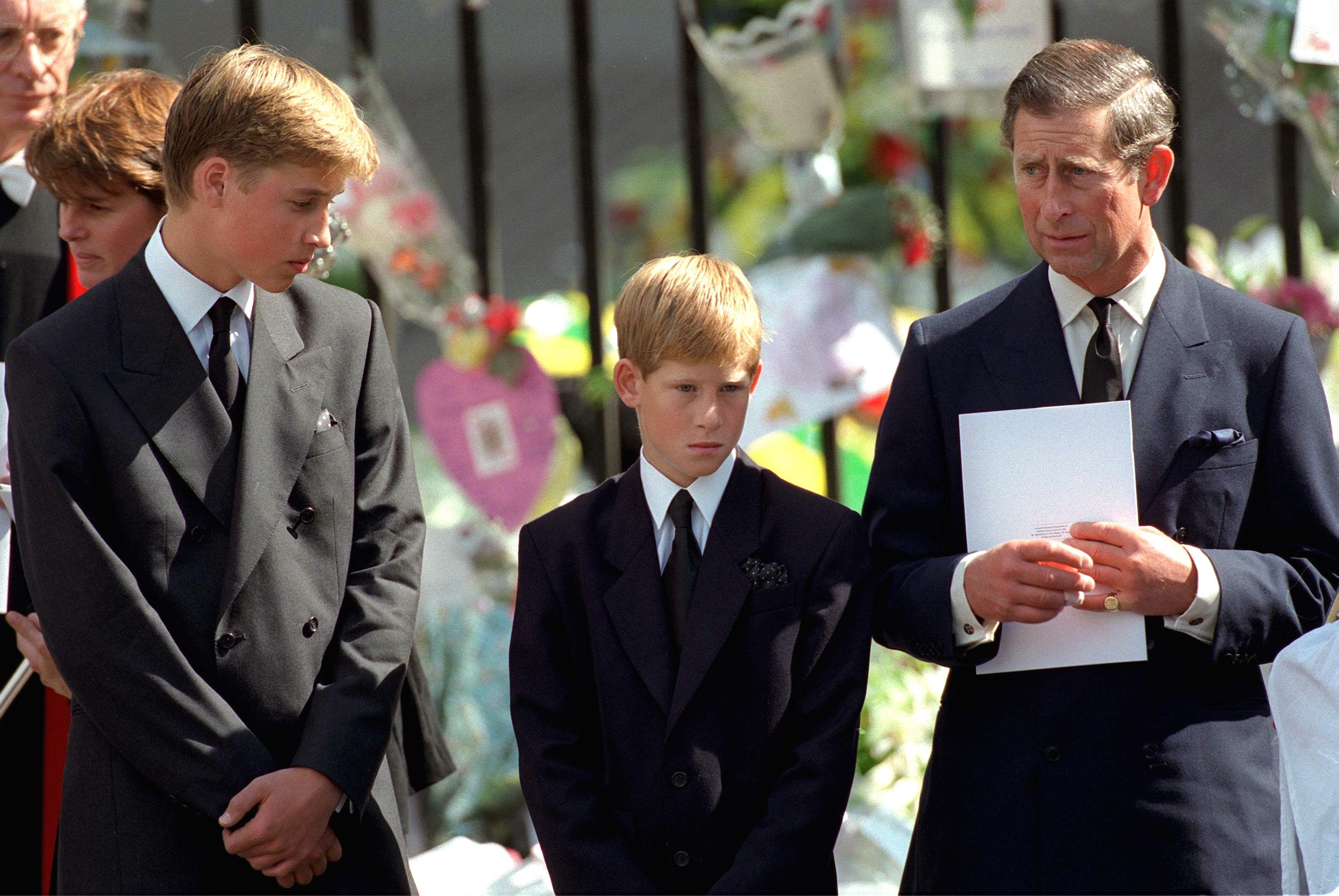 Prinz William und Prinz Harry mit Prinz Charles halten ein Trauerprogramm in der Westminster Abbey für die Beerdigung von Diana, Prinzessin von Wales | Quelle: Getty Images