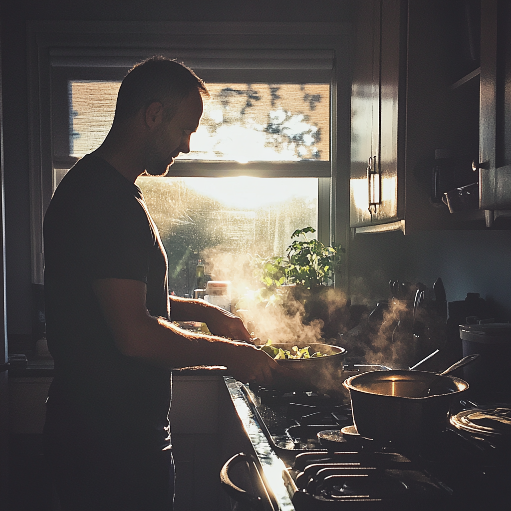 Um homem ocupado na cozinha | Fonte: Midjourney