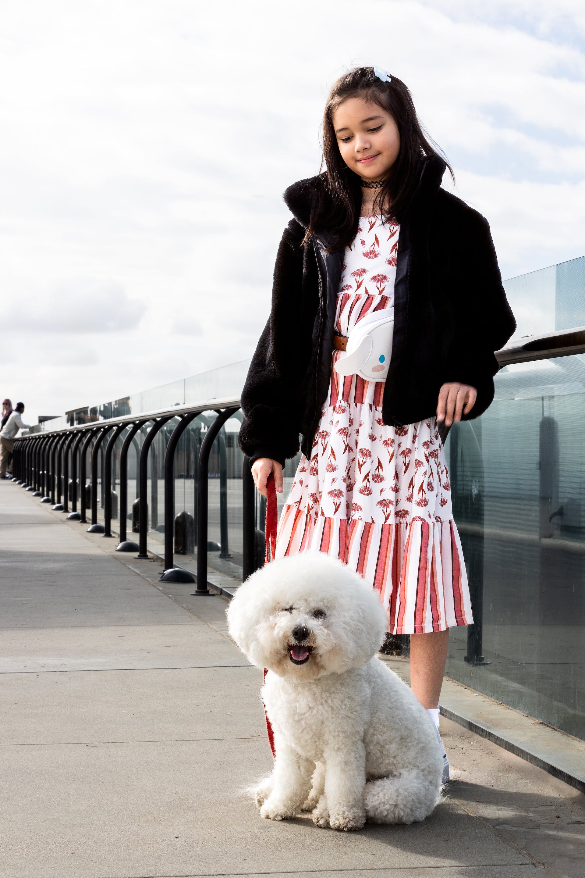 Kleines Mädchen mit ihrem Hund auf einer Brücke | Quelle: Pexels