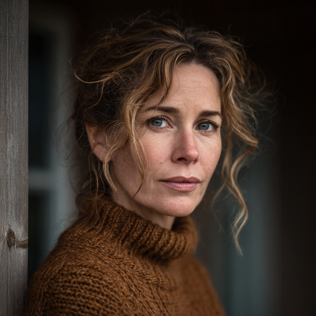 Eine nachdenkliche Frau, die auf einer Veranda steht | Quelle: Midjourney