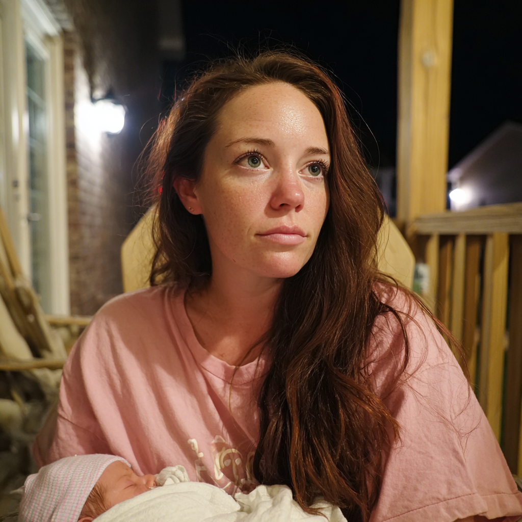 Eine Frau, die auf einer Veranda sitzt und ihr Baby hält | Quelle: Midjourney