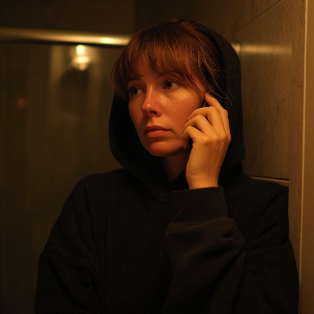 Eine Frau in einem schwarzen Kapuzenpulli, die telefoniert | Quelle: Midjourney