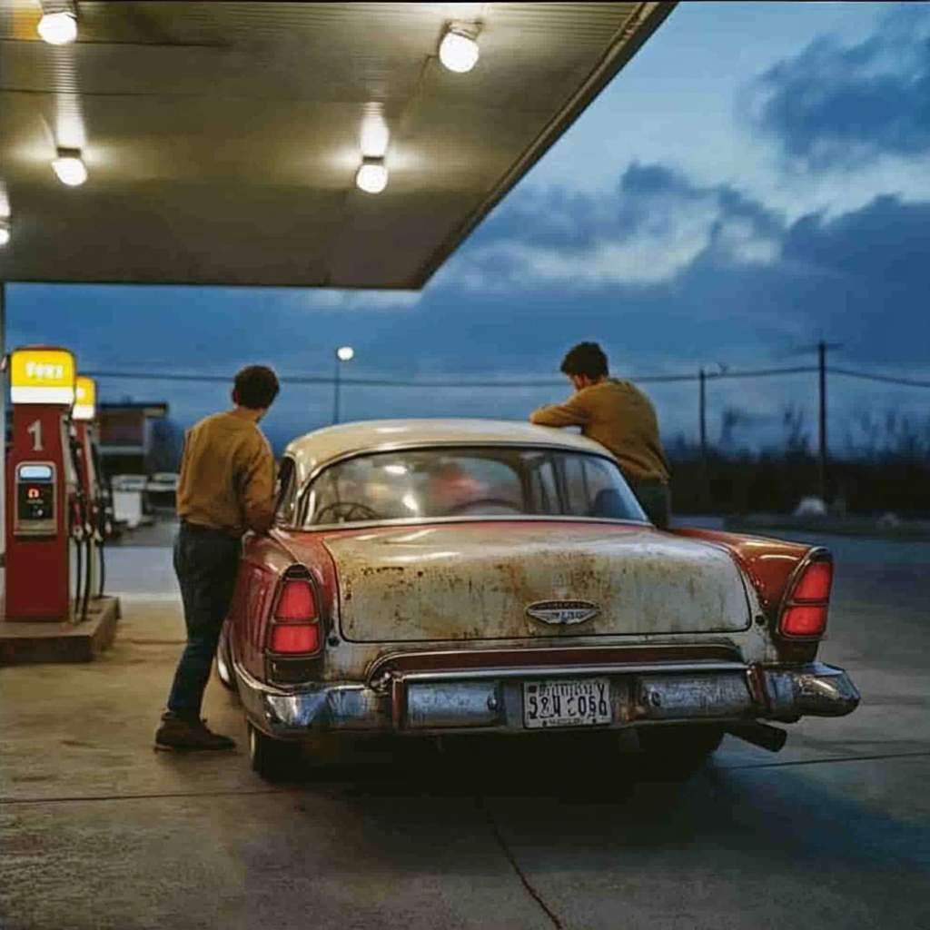 Männer, die ein altes Auto an einer Tankstelle schieben | Quelle: Midjourney