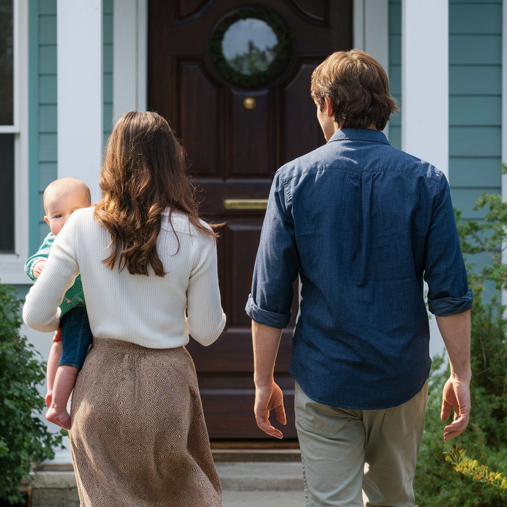 Ein Paar mit seinem Baby geht auf die Eingangstür eines Hauses zu | Quelle: Midjourney