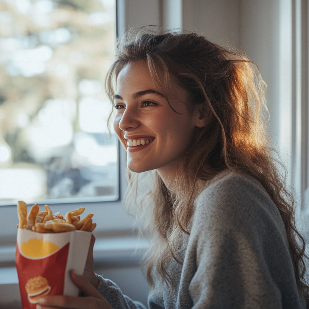 Eine lächelnde Frau beim Essen von Fast Food | Quelle: Midjourney