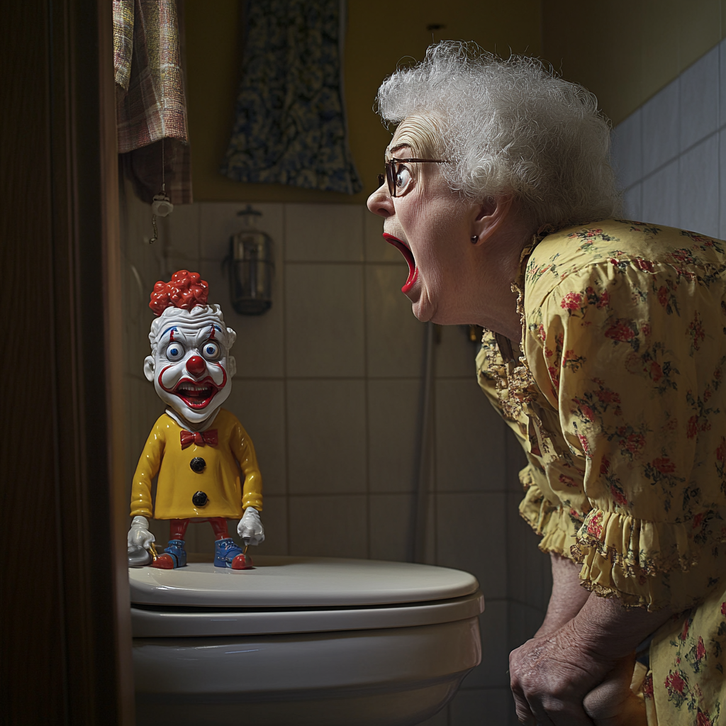 Laura kreischt beim Anblick eines Clowns im Badezimmer | Quelle: Midjourney