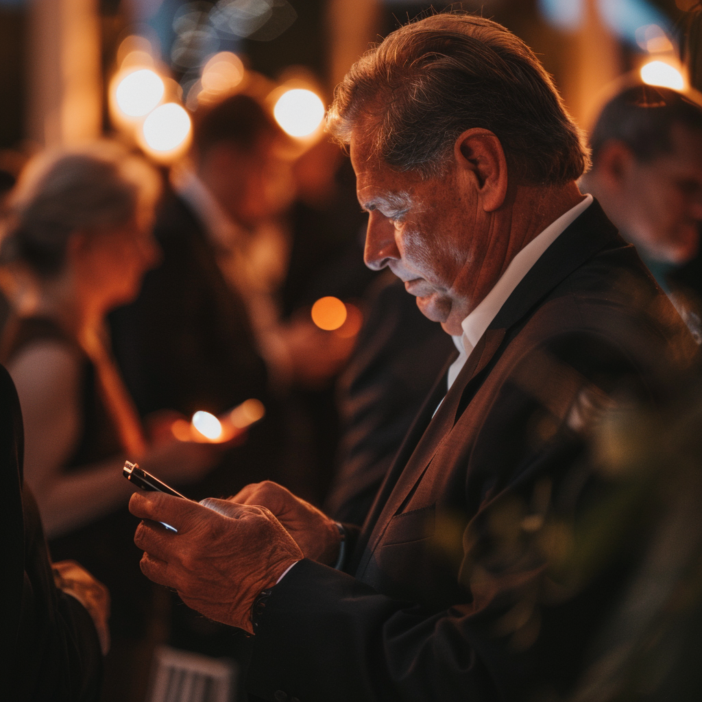 Ein älterer Mann, der mit seinem Telefon beschäftigt ist | Quelle: Midjourney