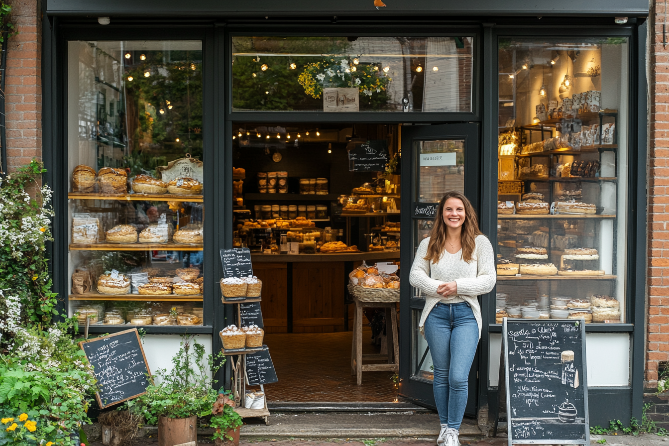 Eine erfreute Frau steht vor einer Bäckerei | Quelle: Midjourney