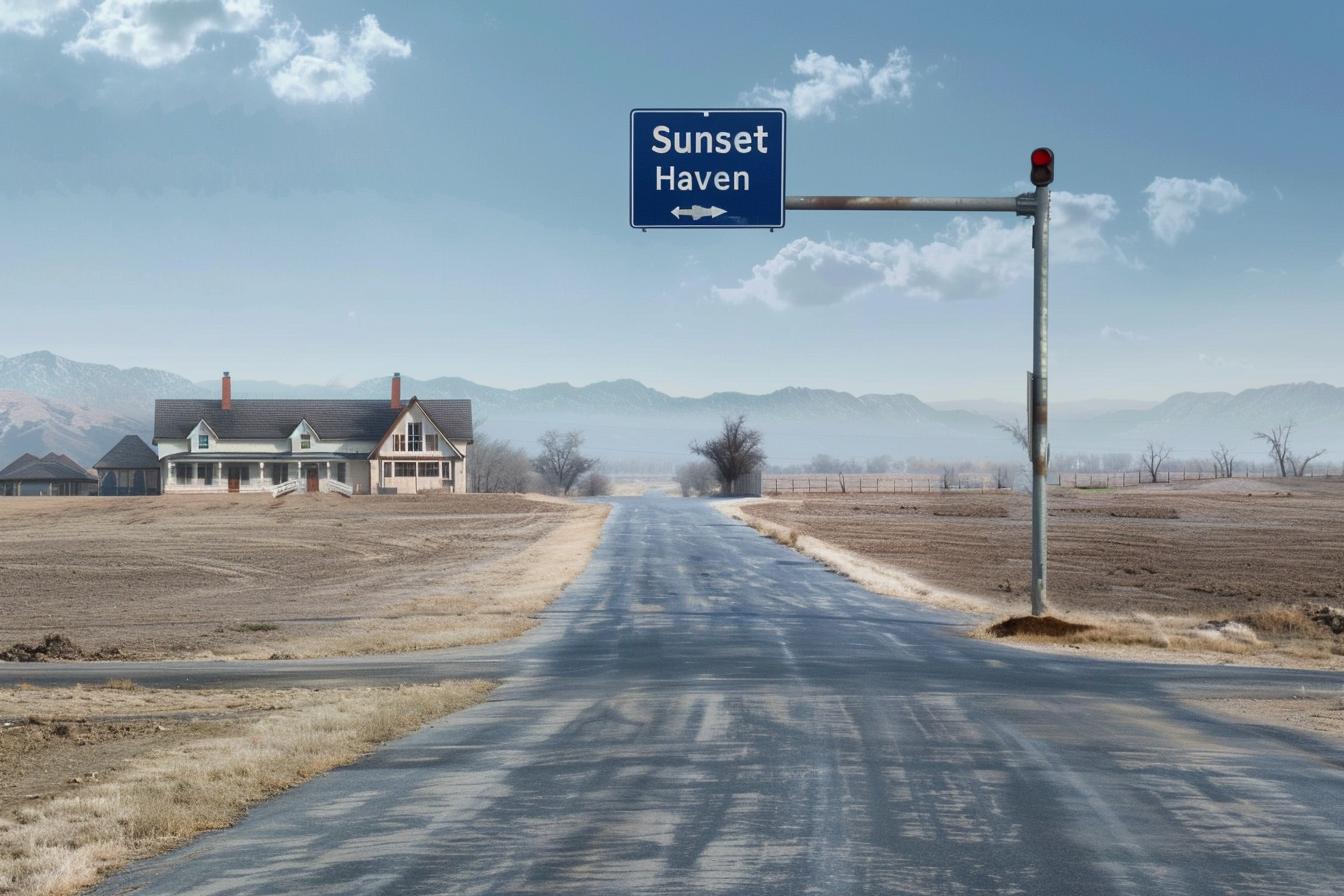 Straße, die zu einem Schild mit der Aufschrift "Sunset Haven" führt, und ein Gebäude im Hintergrund | Quelle: Midjourney