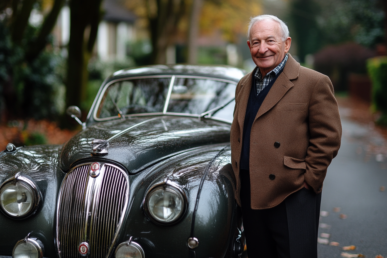 Ein Mann mit einem warmen Lächeln steht neben einem Oldtimer | Quelle: Midjourney