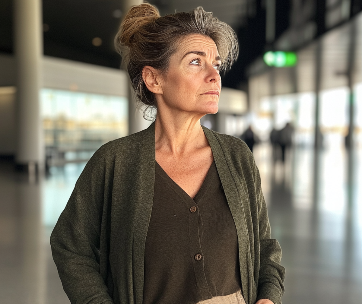 Eine aufgebrachte ältere Frau mit den Händen in den Taschen | Quelle: Midjourney