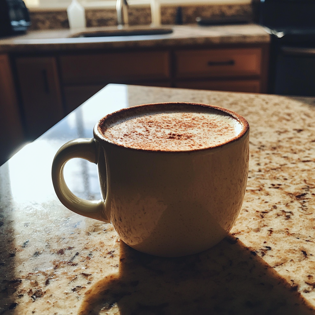 Eine Tasse Kaffee auf einer Küchentheke | Quelle: Midjourney