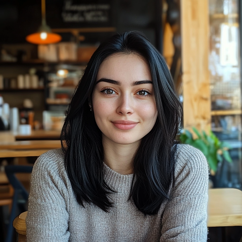 Eine Frau in einem Coffeeshop, die traurig lächelt | Quelle: Midjourney