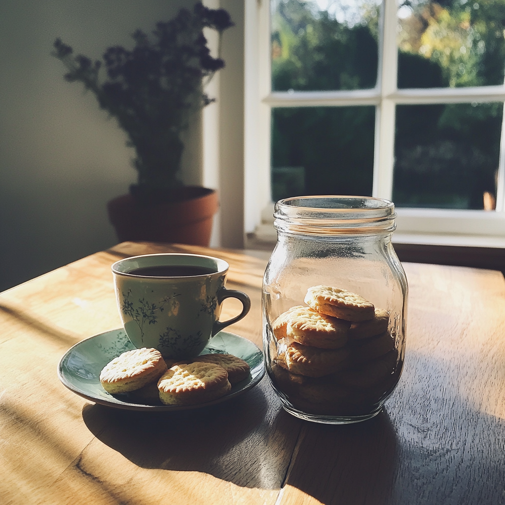 Ein Glas mit Keksen und eine Tasse Tee | Quelle: Midjourney