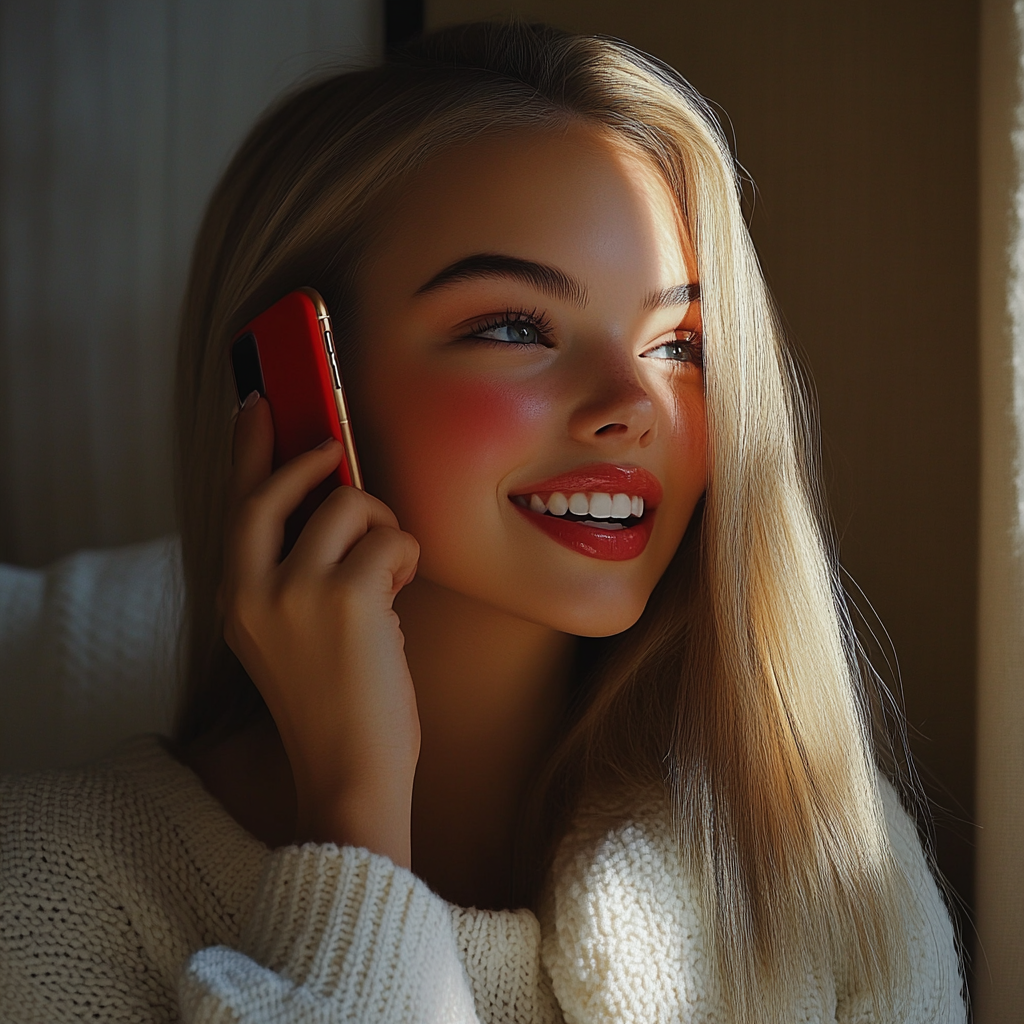 Uma jovem mulher rindo enquanto fala ao telefone | Fonte: Midjourney