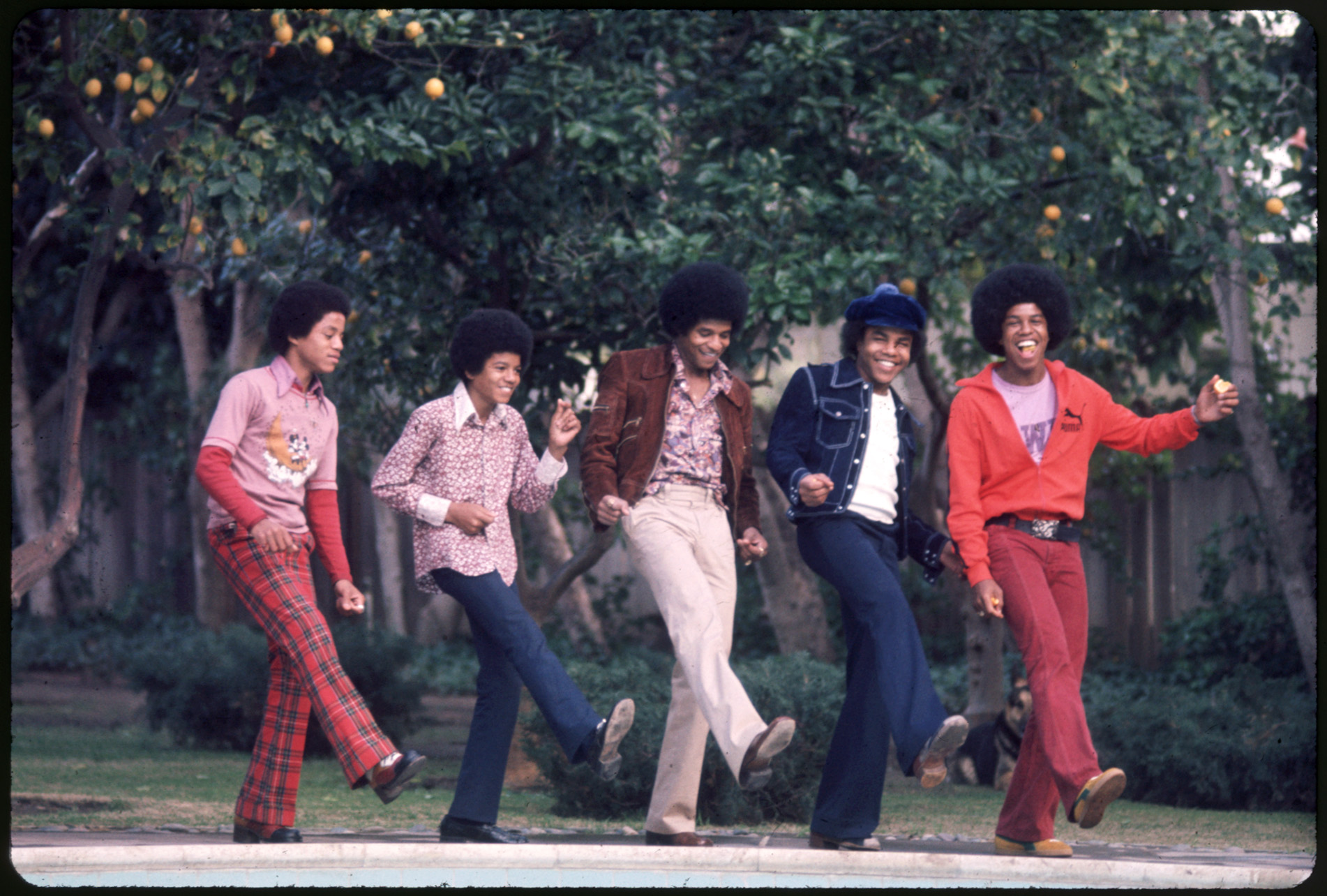 Die Jackson 5 posieren 1972 für ein Foto in ihrem Haus in Los Angeles, Kalifornien. | Quelle: Getty Images