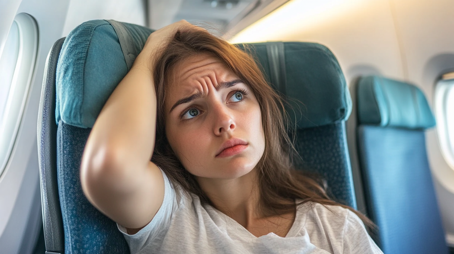 Eine besorgte Frau sitzt in einem Flugzeugsitz | Quelle: Midjourney