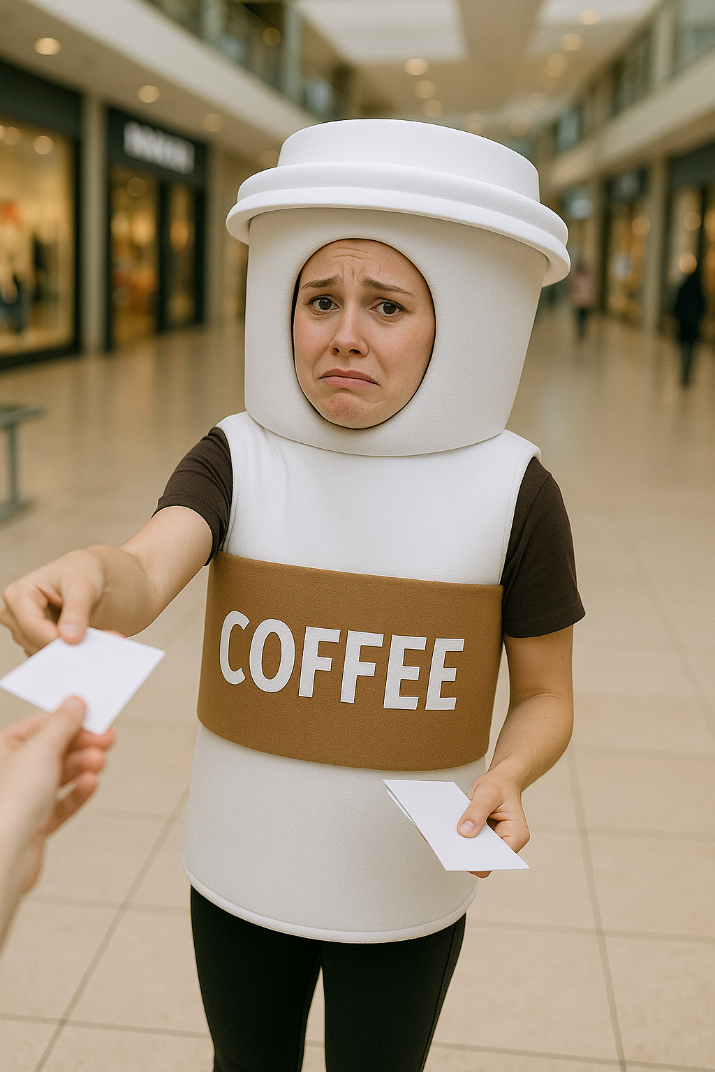 Eine verlegene Frau, die ein Schaumstoff-Kaffeebecher-Kostüm trägt | Quelle: DALL-E