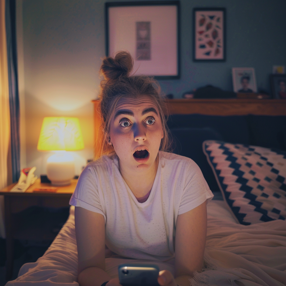 Eine geschockte Frau, die in ihrem Schlafzimmer fernsieht | Quelle: Midjourney
