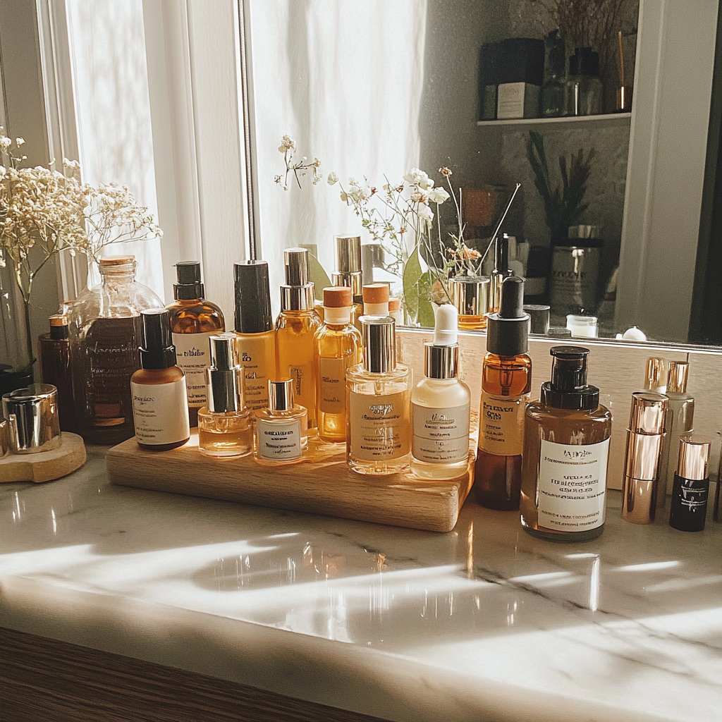 Ein Waschbecken mit Seren und Lotionen | Quelle: Midjourney