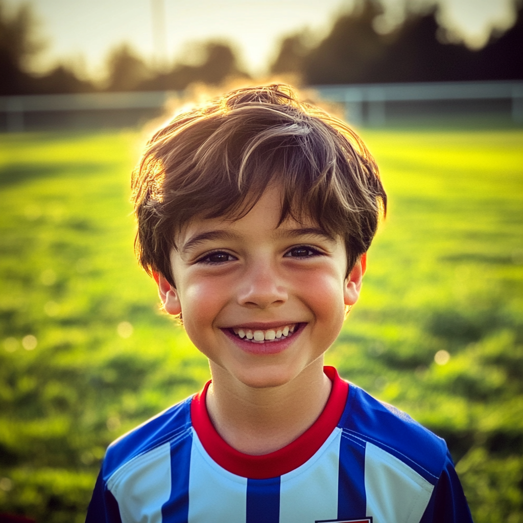 Ein lächelnder kleiner Junge mit einem Fußballtrikot | Quelle: Midjourney