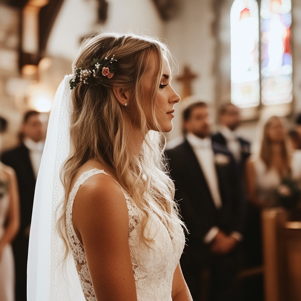 Ein Seitenprofil einer Braut in einer Kirche | Quelle: Midjourney