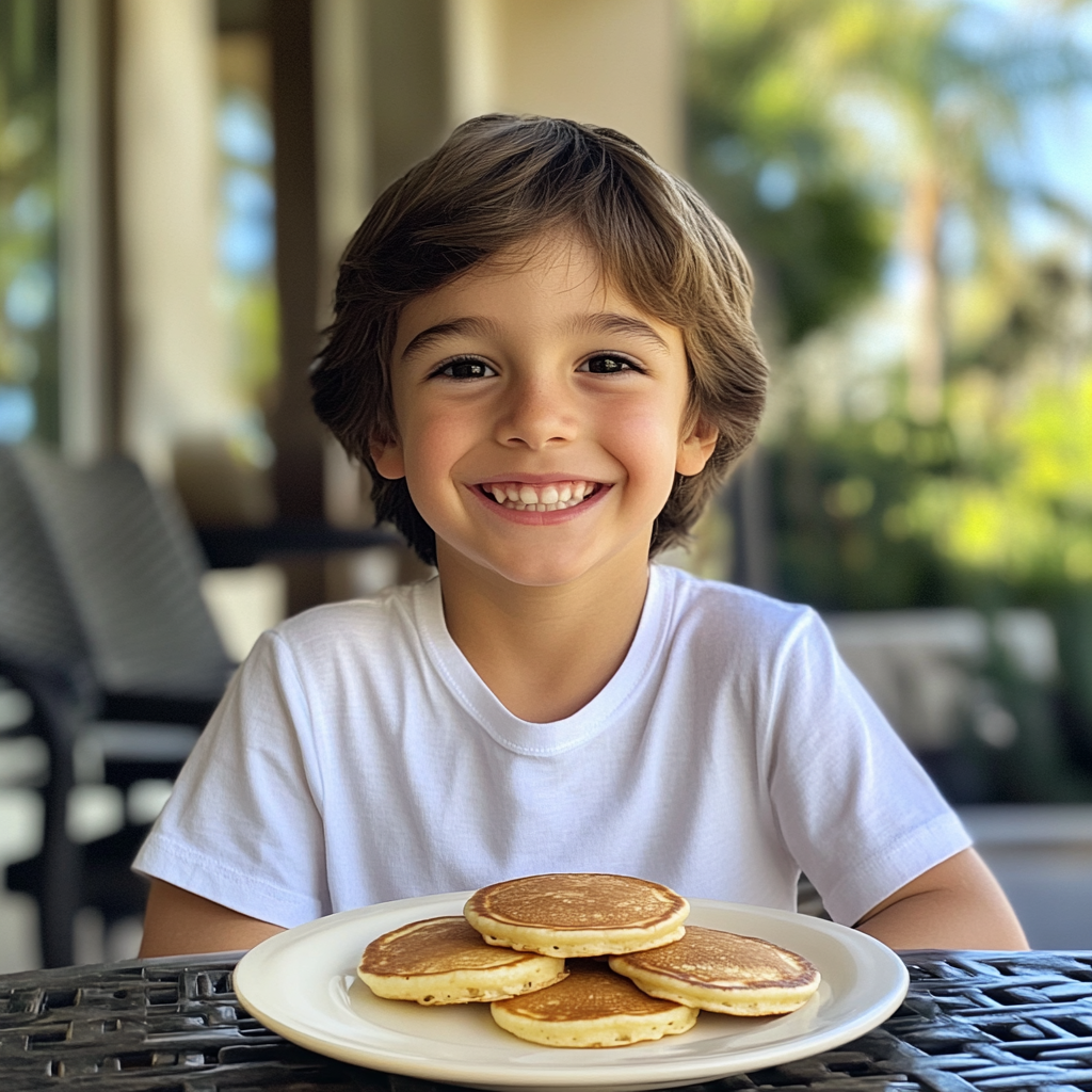 Ein kleiner Junge sitzt an einem Tisch mit Pfannkuchen | Quelle: Midjourney