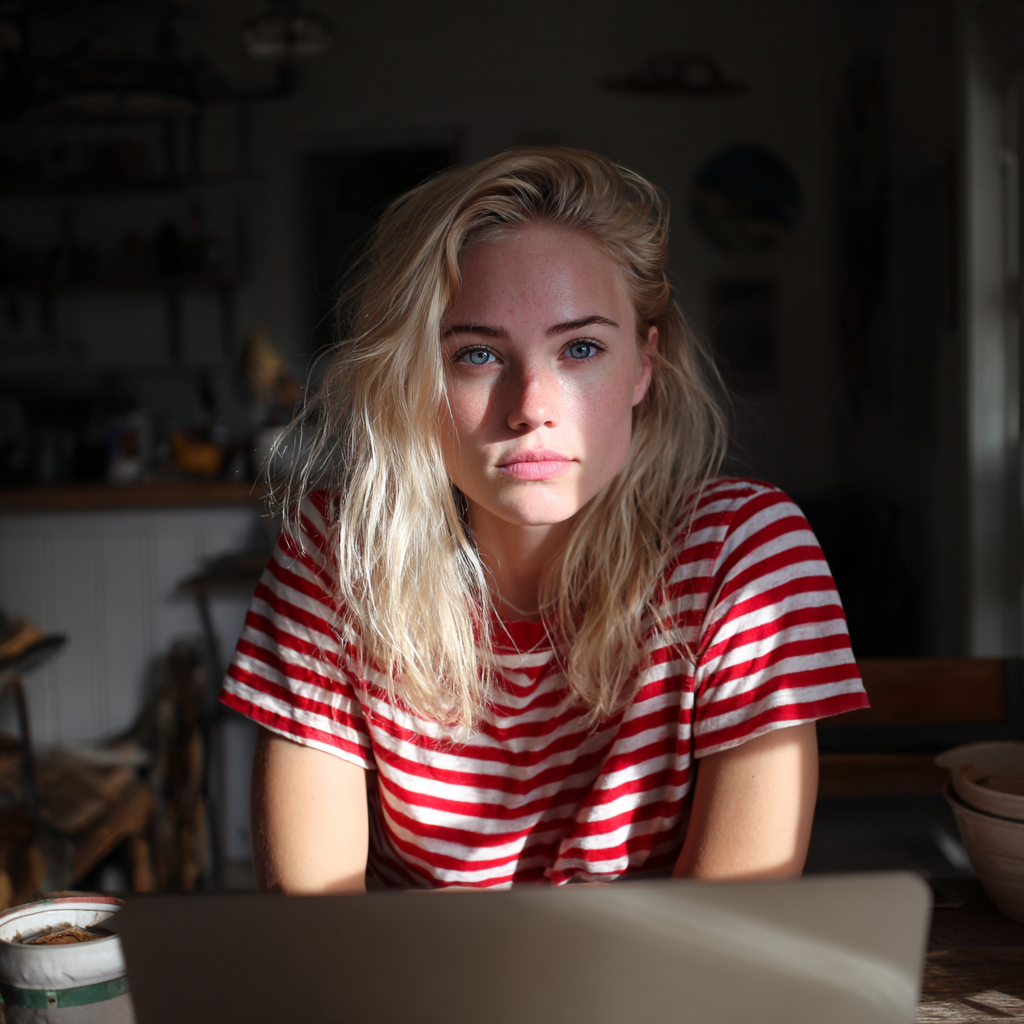 Eine nachdenkliche Frau sitzt vor ihrem Laptop | Quelle: Midjourney