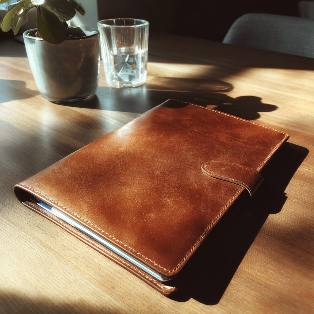 Skórzane portfolio na stole | Źródło: Midjourney