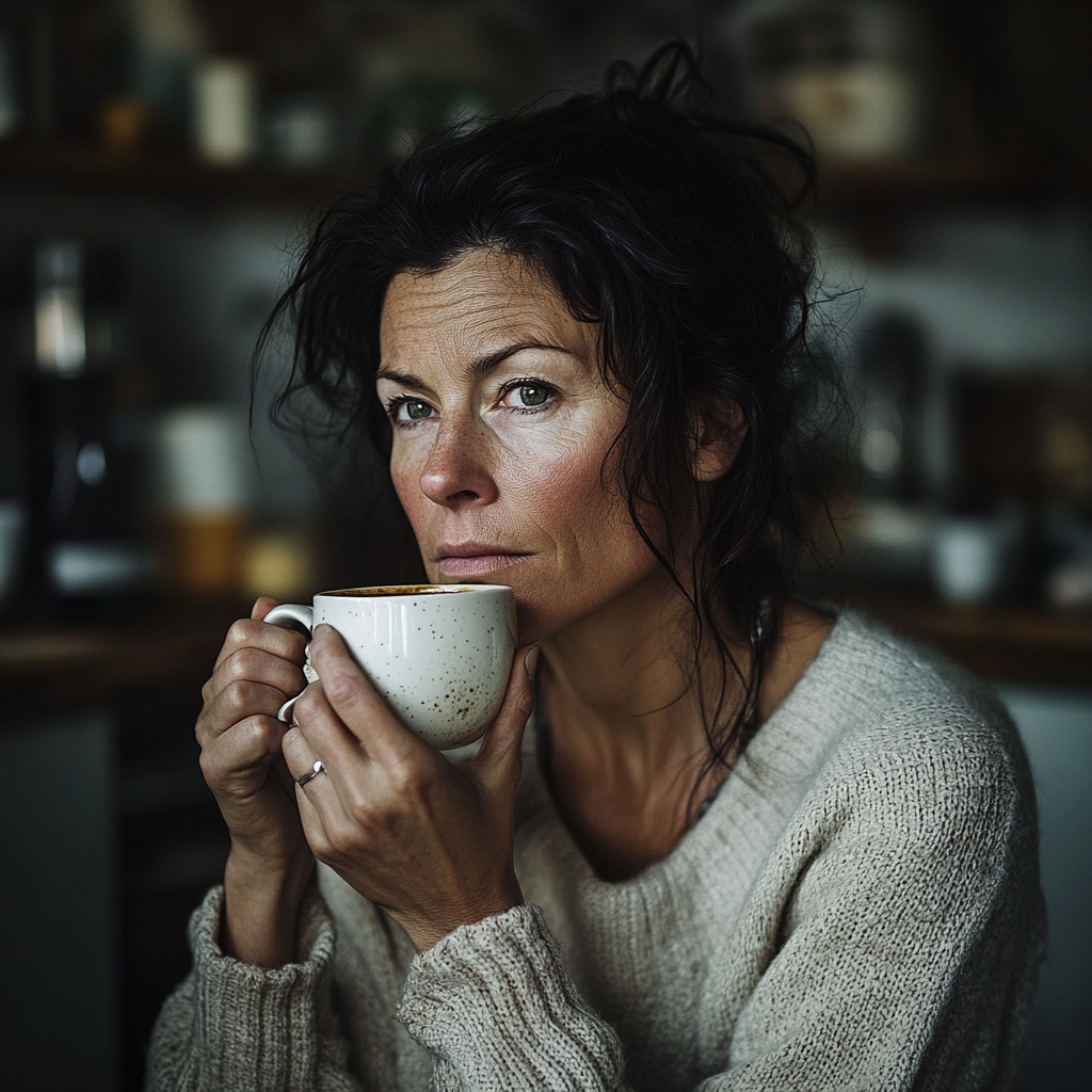 Eine ernste Frau mit einer Tasse Kaffee | Quelle: Midjourney