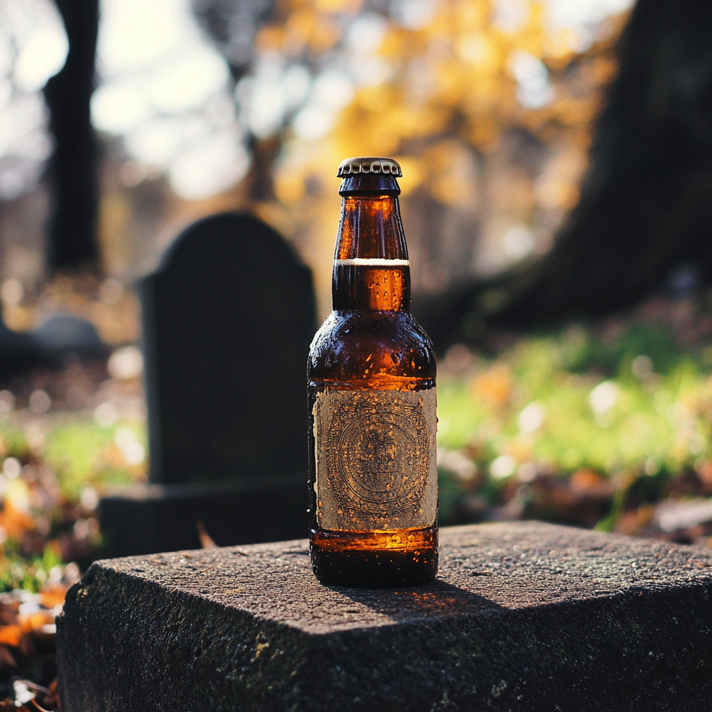 Eine Bierflasche steht neben einem Grabstein | Quelle: Midjourney