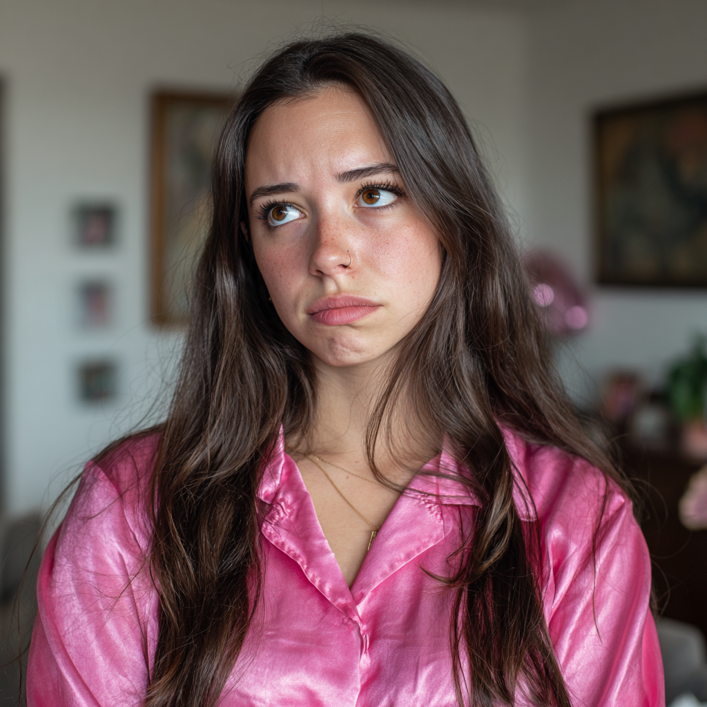 Eine aufgebrachte Frau in einer rosa Bluse | Quelle: Midjourney