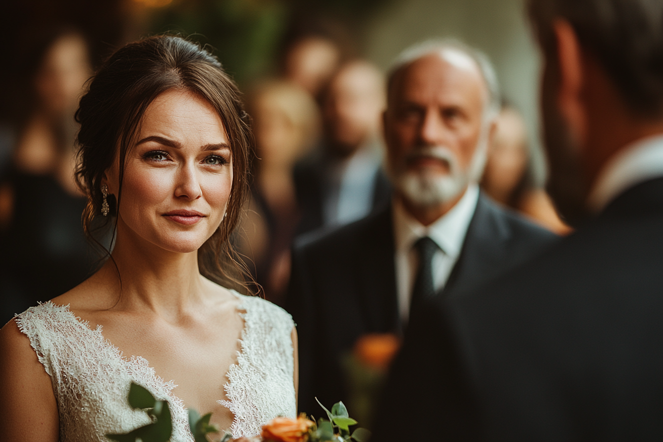 Emotionale Braut im Gespräch mit ihrem Vater bei ihrer Hochzeit | Quelle: Midjourney