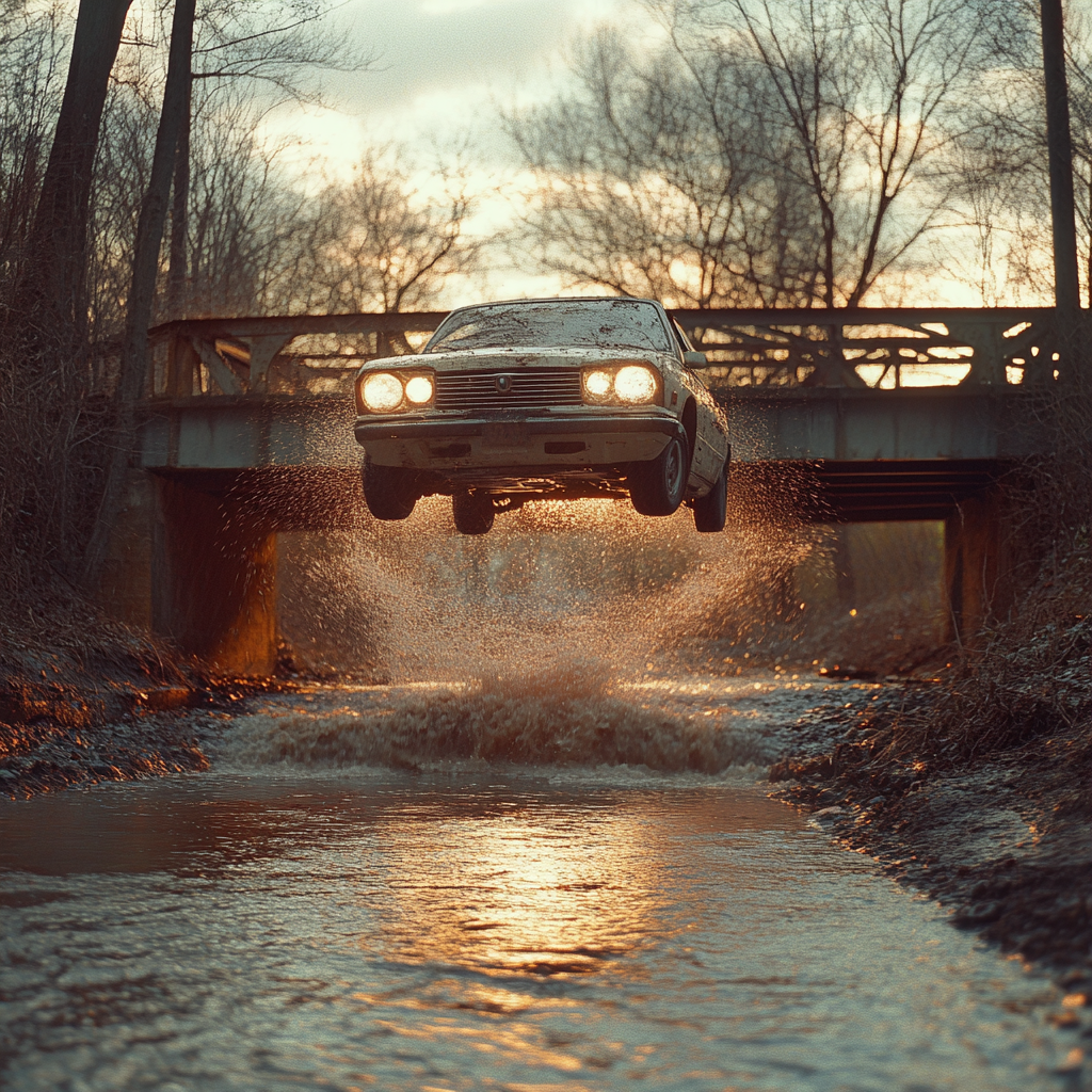 Ein Auto, das von einer Brücke in einen Fluss fährt | Quelle: Midjourney