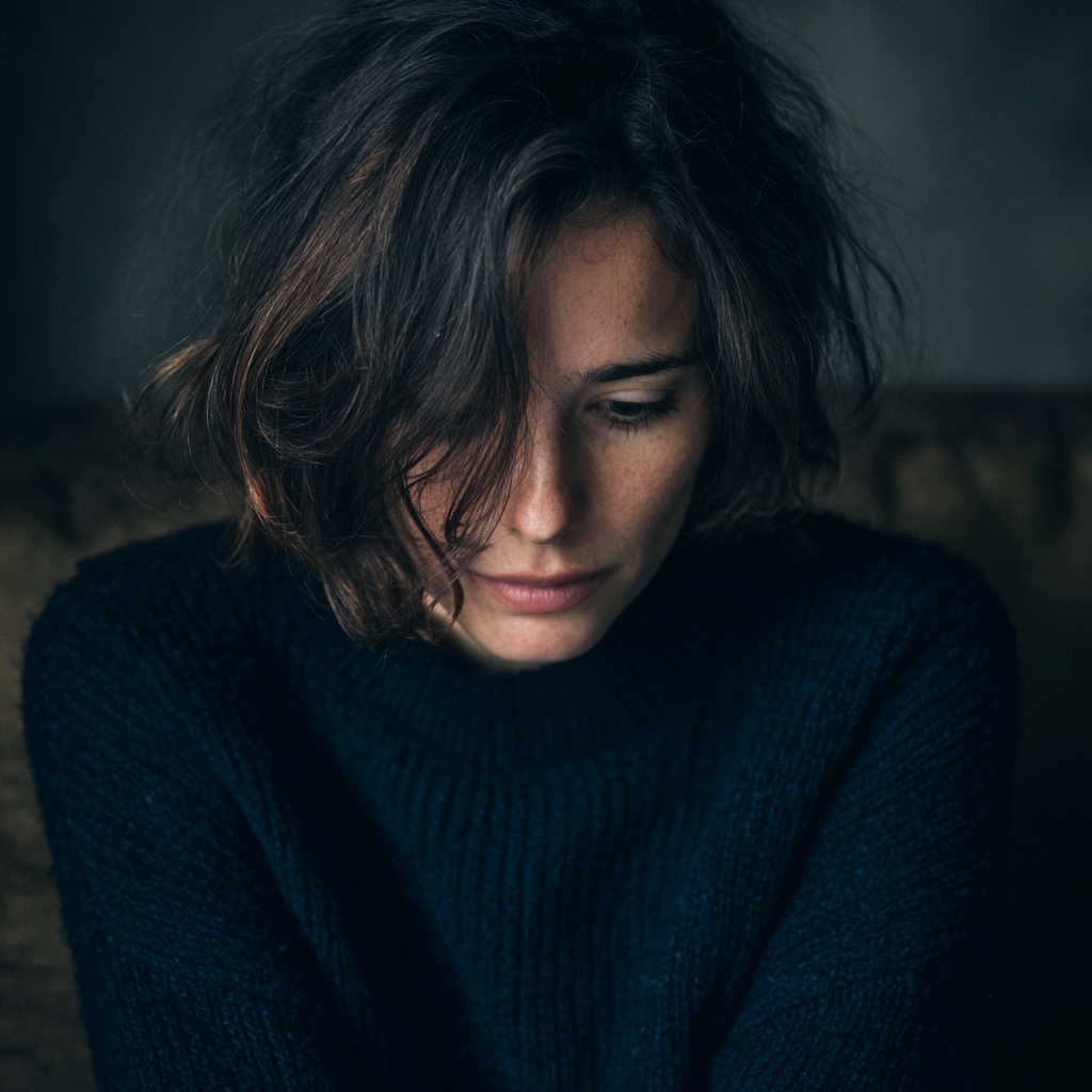 Eine emotionale Frau, die auf einer Couch sitzt | Quelle: Midjourney