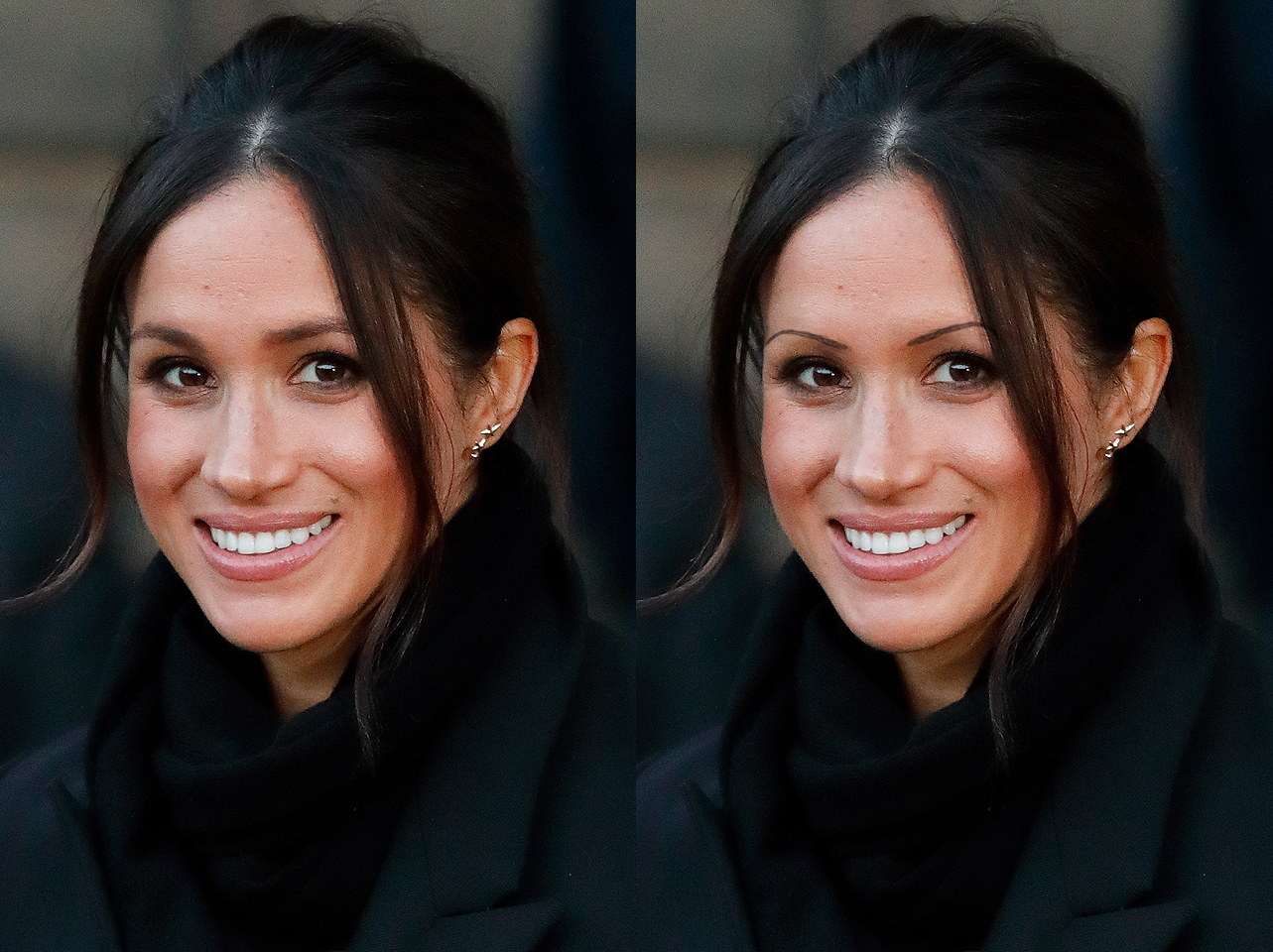 Meghan Markles charakteristische Augenbrauen von 2018 im Vergleich zu einem digital bearbeiteten dünnen Brauen-Look | Quelle: Getty Images