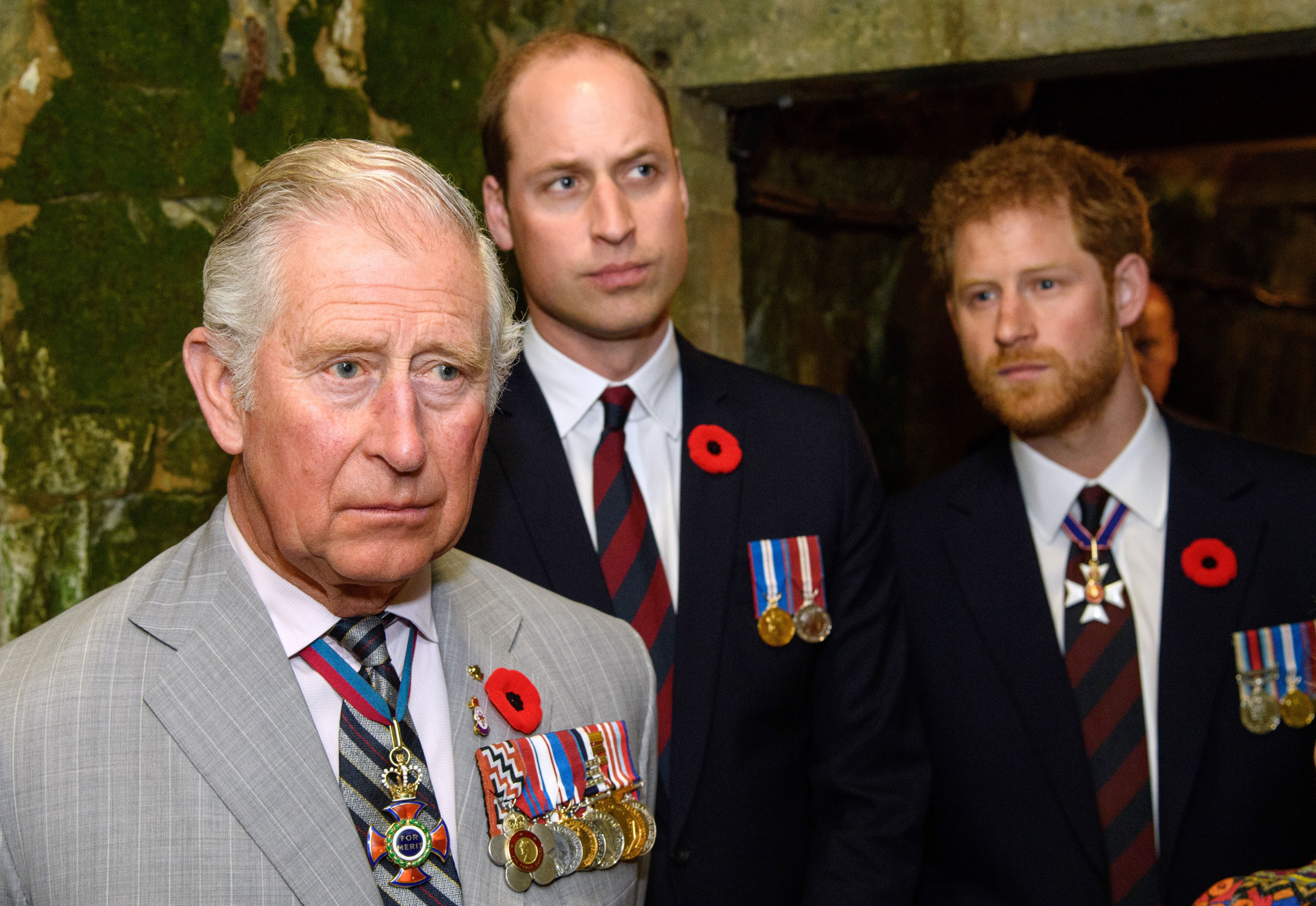 König Charles III., Prinz William und Prinz Harry besuchen den Tunnel und die Schützengräben im Vimy Memorial Park während der Gedenkfeierlichkeiten zum hundertsten Jahrestag der Schlacht von Vimy Ridge in Vimy, Frankreich am 9. April 2017 | Quelle: Getty Images