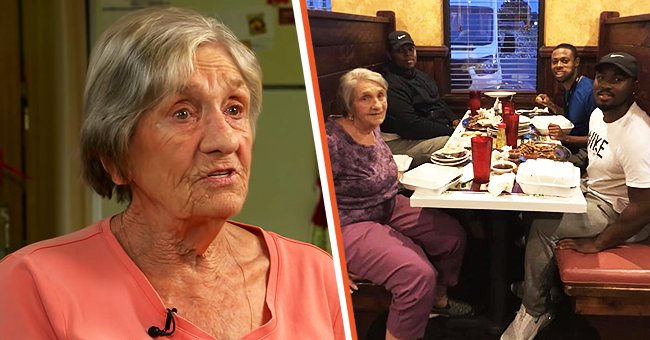Eine Witwe, die einen Tag vor ihrem Hochzeitstag allein aß. [links]; Ältere Frau isst mit einer Gruppe fürsorglicher junger Leute. [rechts] | Quelle: Youtube.com/CBS Evening News - Facebook.com/Jamario Howard