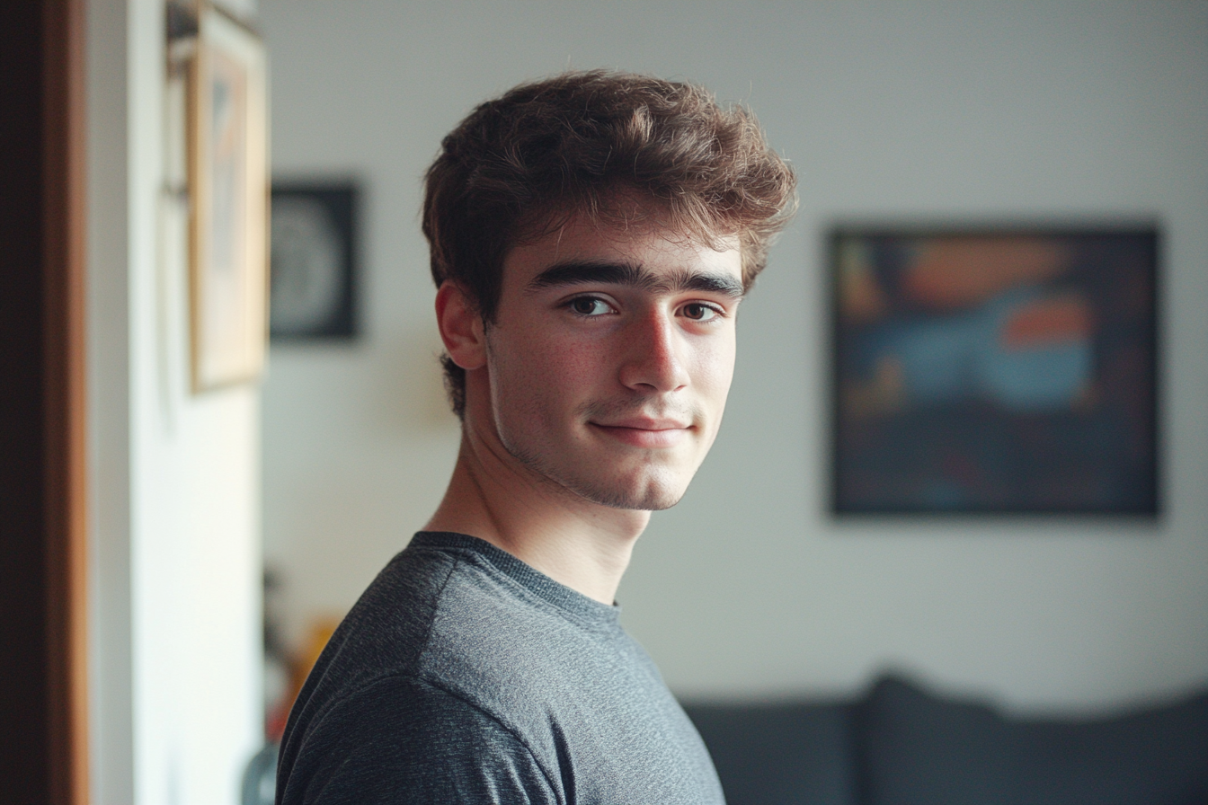 Ein junger Mann steht in einem Wohnzimmer | Quelle: Midjourney