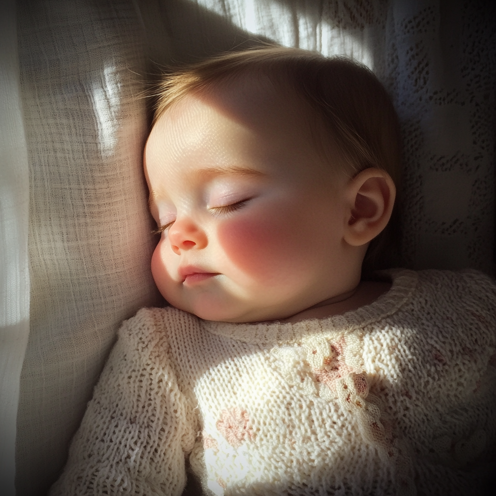 Ein schlafendes Baby mit Sonnenlicht im Gesicht | Quelle: Midjourney