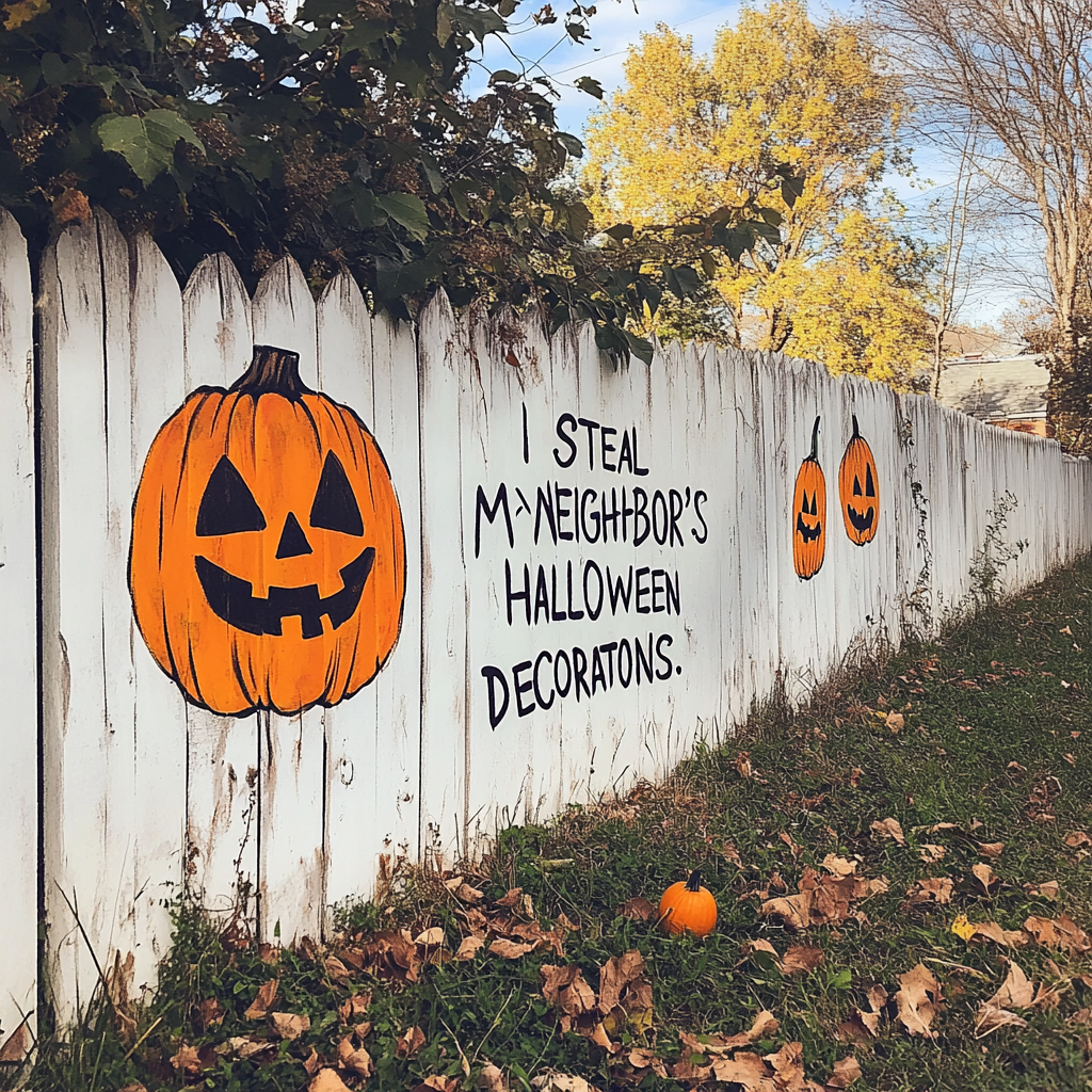 Weißer Zaun mit der Aufschrift: "Ich klaue die Halloween-Dekoration meines Nachbarn" | Quelle: Midjourney