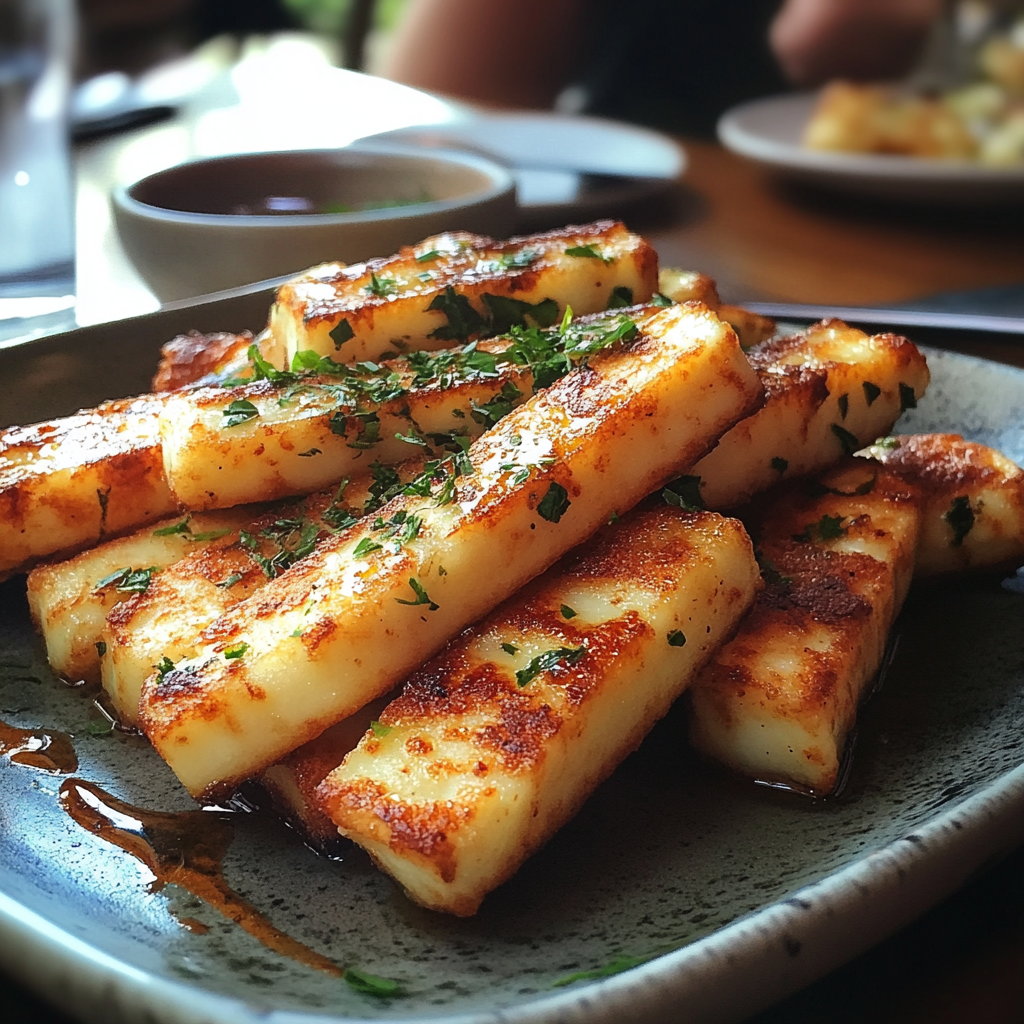 Ein Teller mit Halloumi-Sticks | Quelle: Midjourney