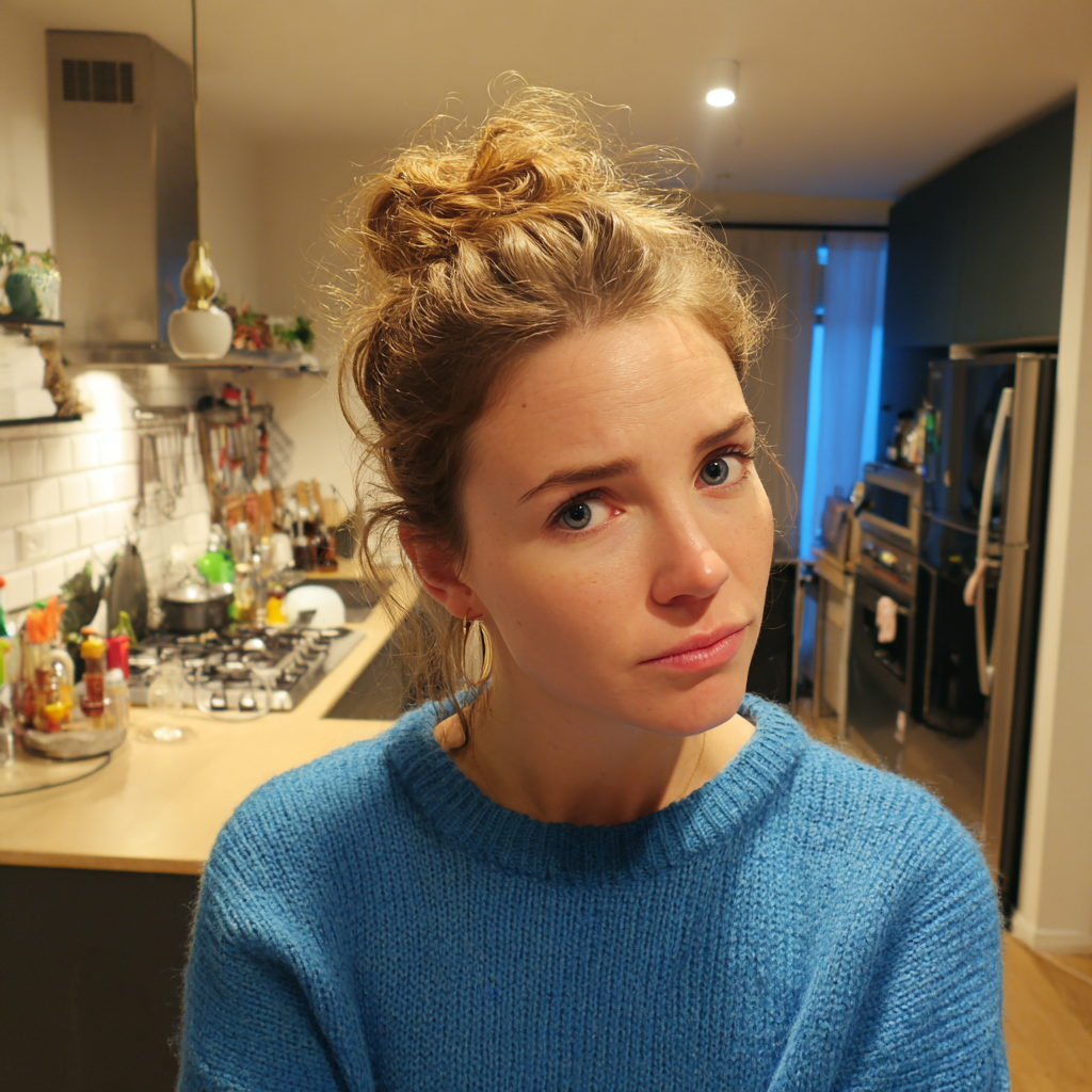 Eine Frau, die einen blauen Pullover trägt und in einer Küche steht | Quelle: Midjourney