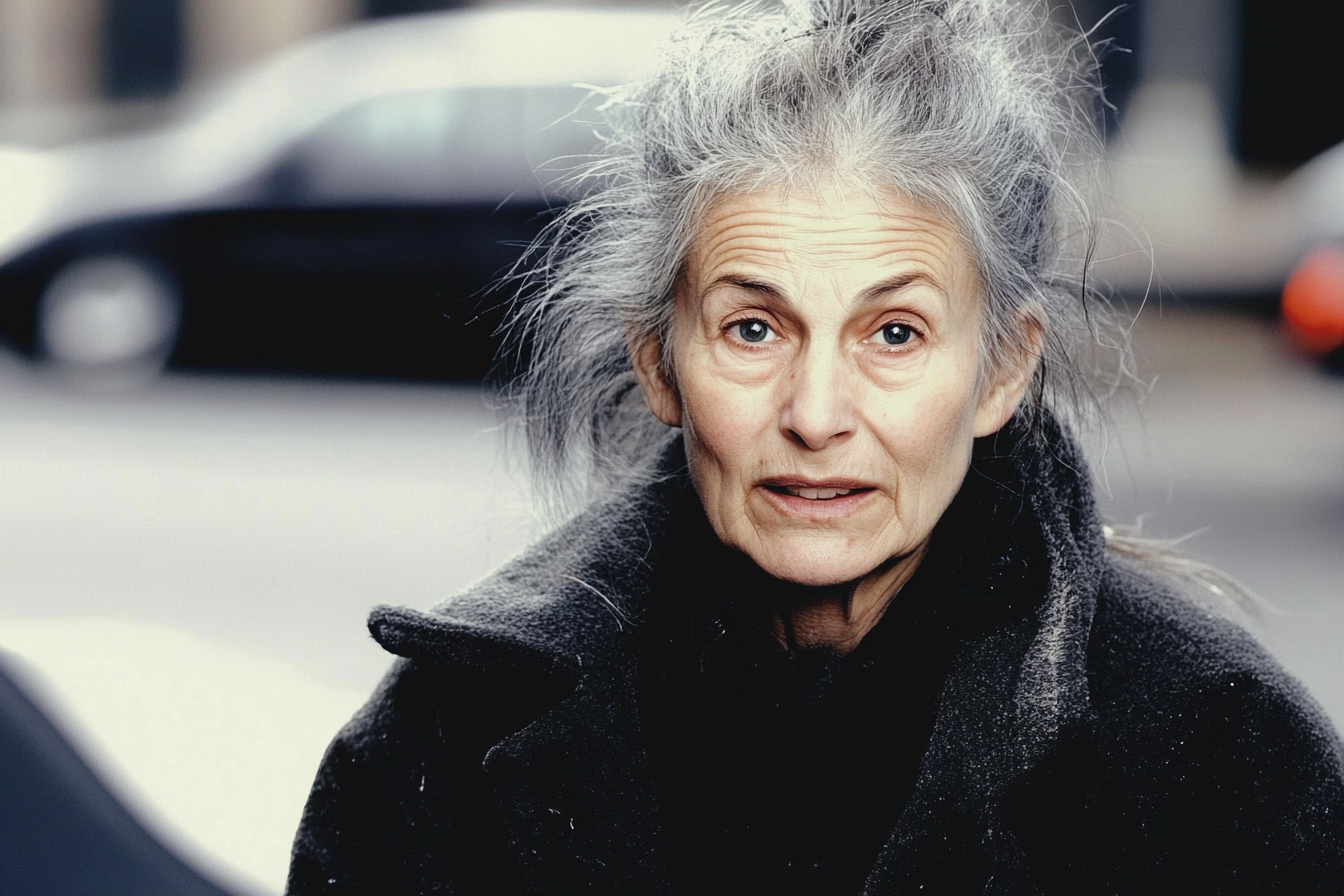 Eine obdachlose Frau spricht mit jemandem auf einem Parkplatz | Quelle: Midjourney