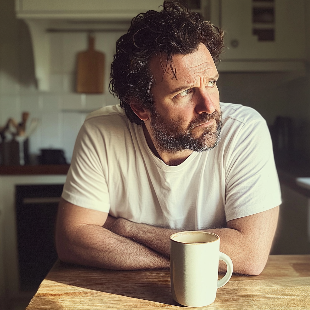 Ein Mann sitzt an einem Küchentisch mit einer Tasse Kaffee | Quelle: Midjourney