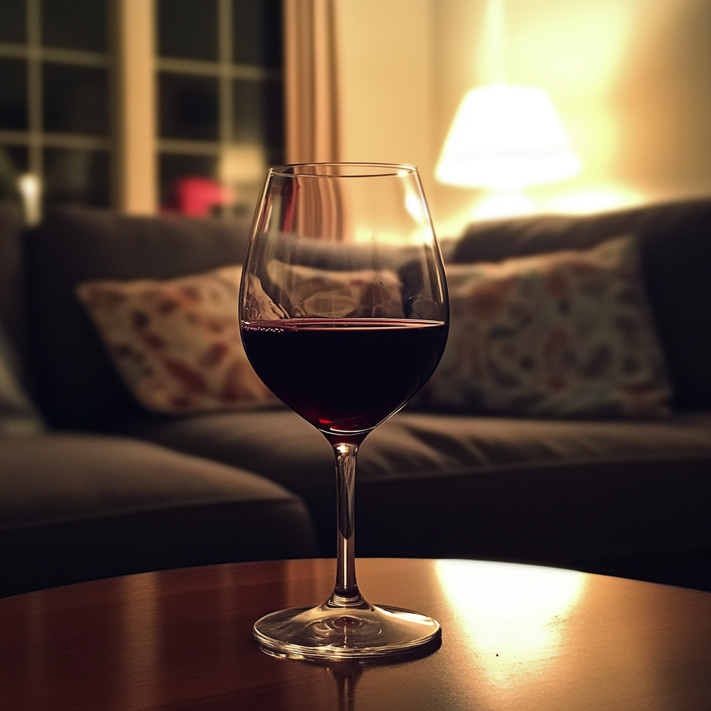 Ein Glas Wein auf einem Couchtisch | Quelle: Midjourney