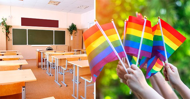 Ein Klassenzimmer [links]; Personen, die LGBTQ+-Flaggen schwenken [rechts]. | Quelle: Shutterstock