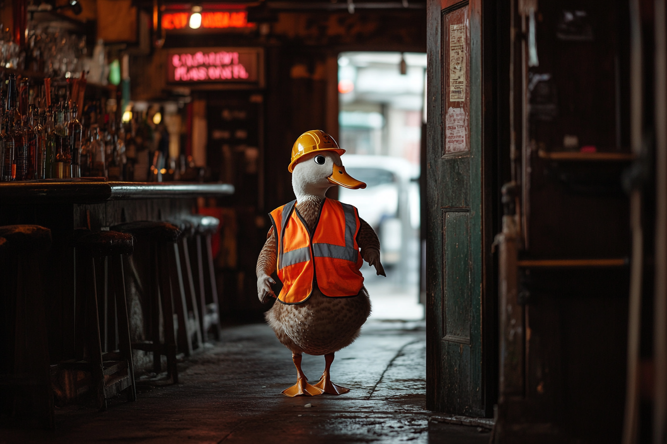 Eine Ente in einer Bauarbeiteruniform, die in eine Bar watschelt | Quelle: Midjourney