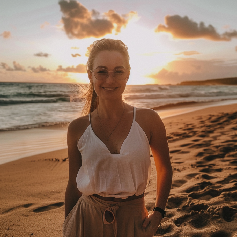 Eine weiße Frau posiert für ein Foto bei Sonnenuntergang am Strand | Quelle: Midjourney